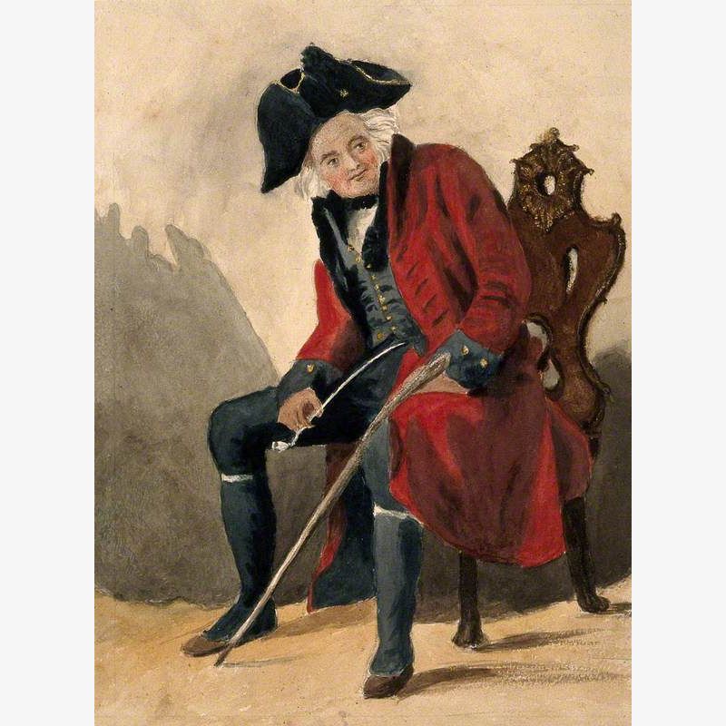 A Chelsea Pensioner, Seated, Wearing a Red Coat and Tricorn Hat, Holding a Pipe and a Stick