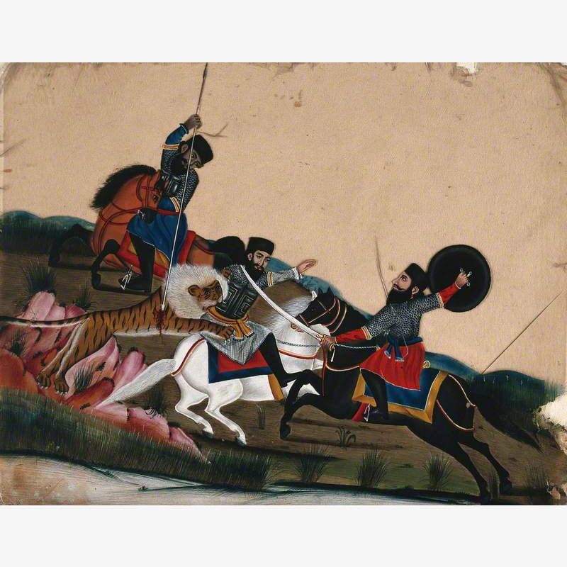 A Man on a White Horse Being Attacked by a Tiger with the Two Other Men Rushing to Save Him