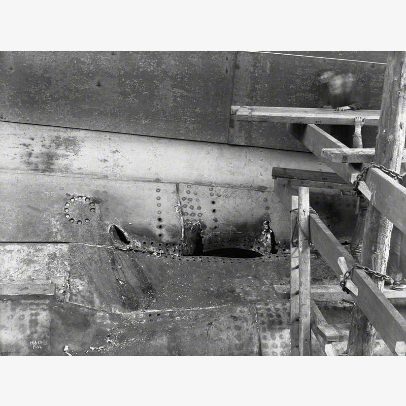 HMS 'Hawke' collision damage – boss plating showing holes open
