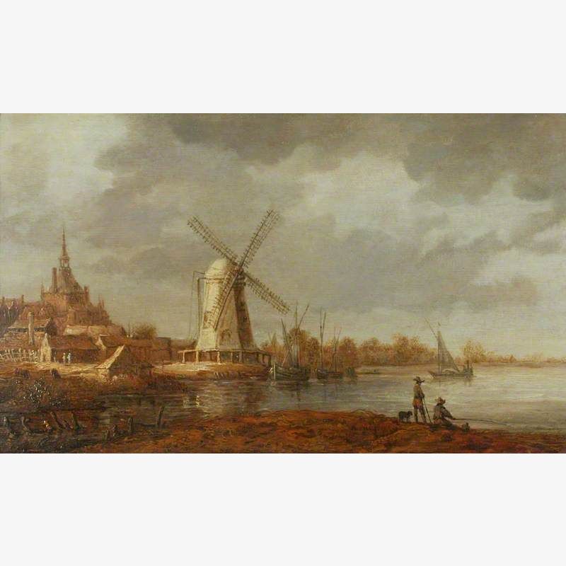 River Scene with a View of Dordrecht and a Windmill