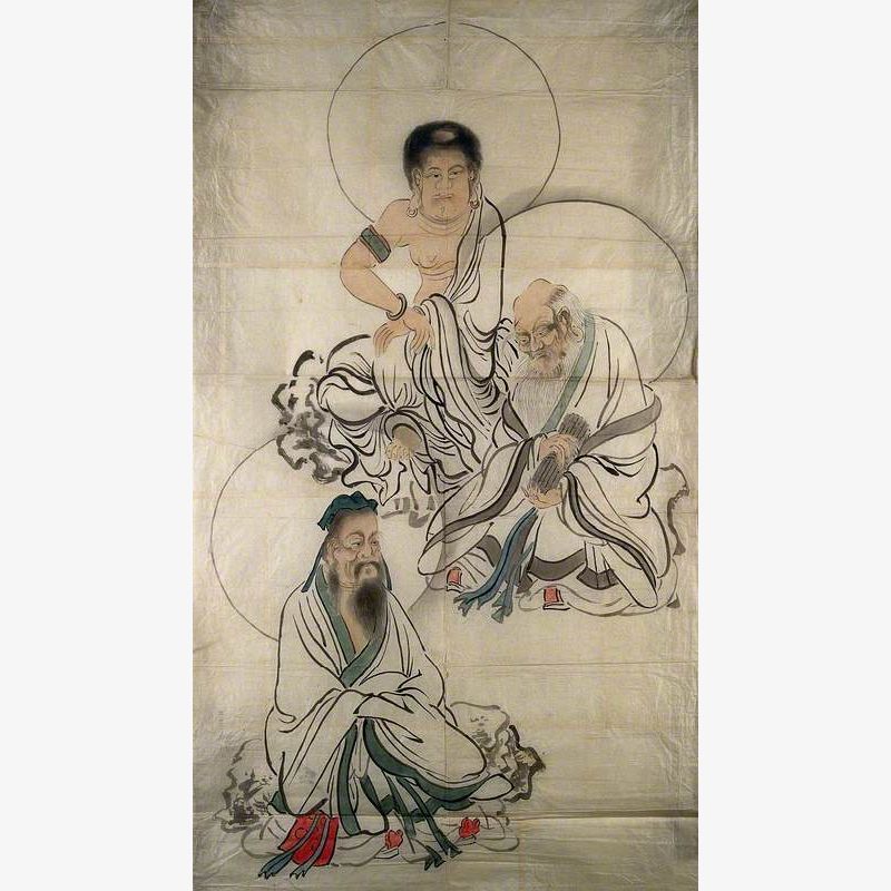 Three Japanese Saints Seated on Clouds with Haloes