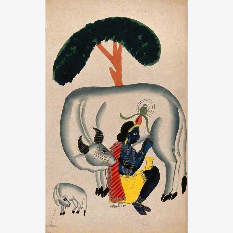 Krishna Milking a Cow While the Calf Looks