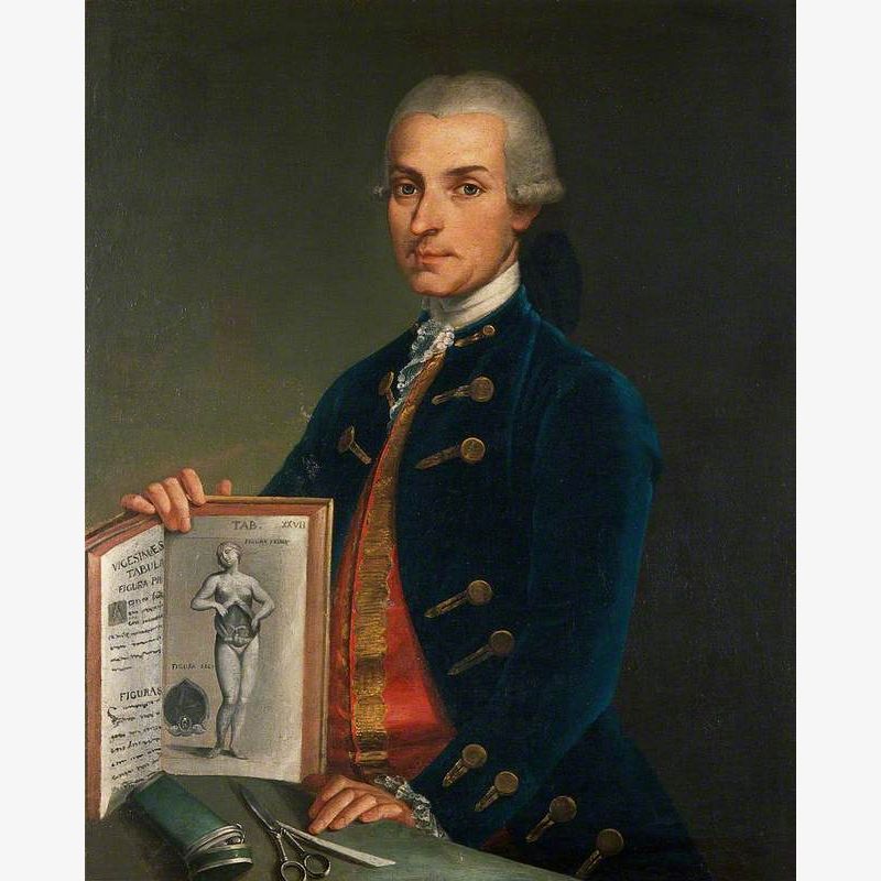 A Man Holding an Anatomy Book with an Engraving of a Woman Showing Her Viscera