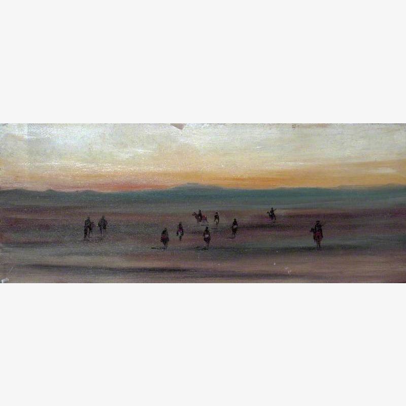Desert Landscape with Camel Riders at Sunset