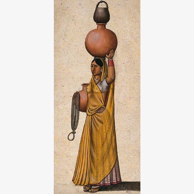 A Woman Carrying Two Earthenware Pots to Transport Water and a Rope and a Black Pot to Draw Water from the Well