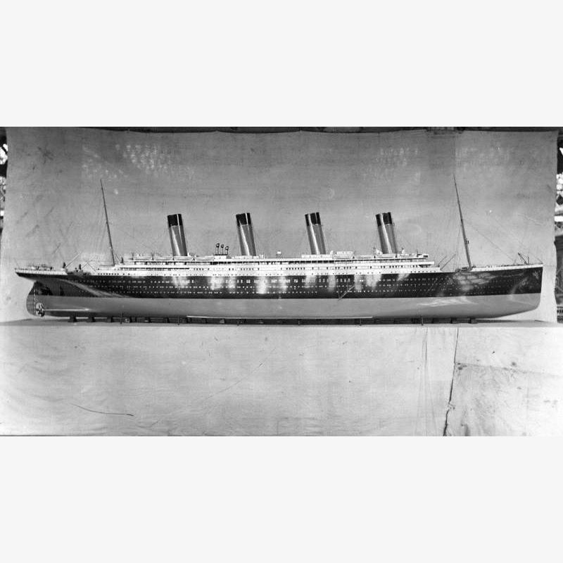 Starboard profile of builder's model, without case, identified on the negative as 'Olympic' and 'Titanic', but as 'Olympic' on the model