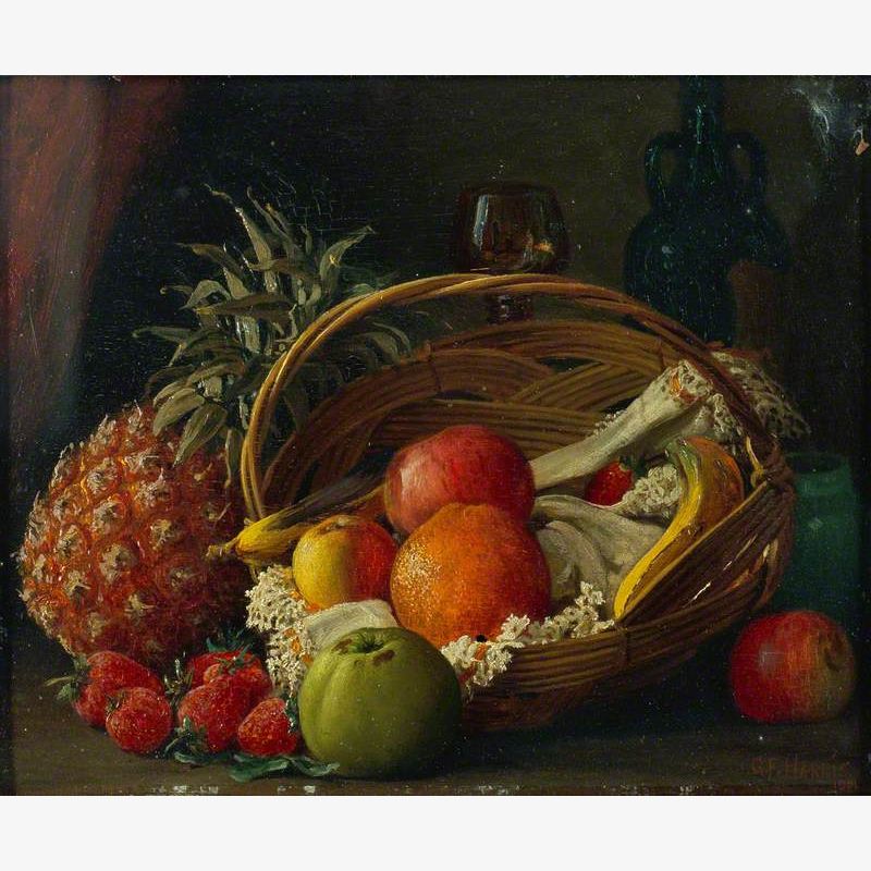Still Life of Fruit in a Basket, a Pineapple Alongside and Wine Bottle and Glass Behind