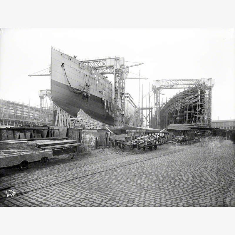 Port bow view on slip prior to launch, with 'Kenilworth Castle' (356) plated on No. 1 slip