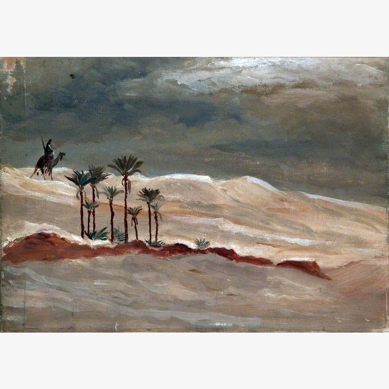 Desert Landscape with a Camel Rider, Palm Trees and Stormy Sky