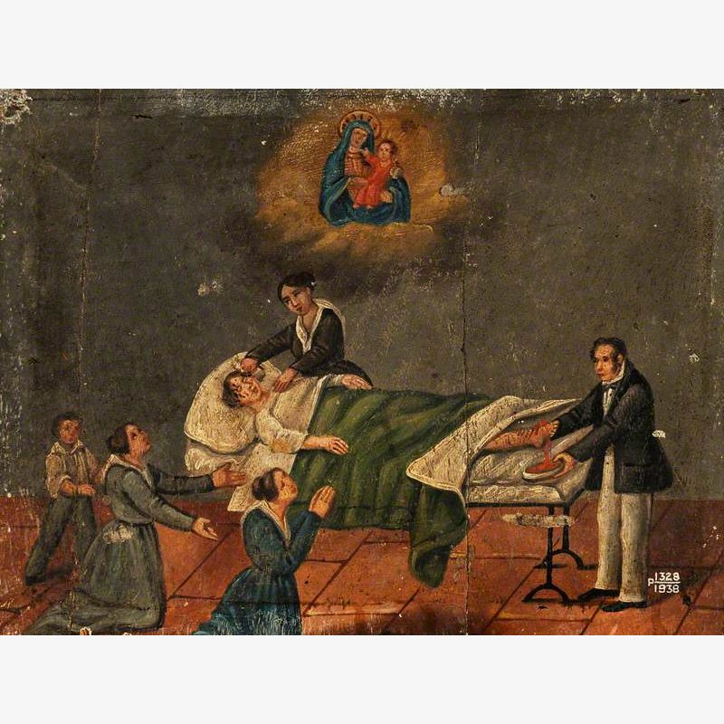 Votive Picture: Three People Pray to the Virgin and Child for a Patient in Bed