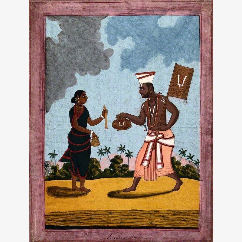 A Begging Brahman Raising His Begging Bowl to Accept a Gift from a Woman