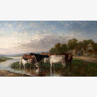 Cattle Watering by a Farmyard