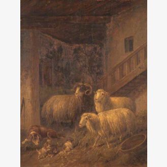 Two Sheep and a Ram in a Barn