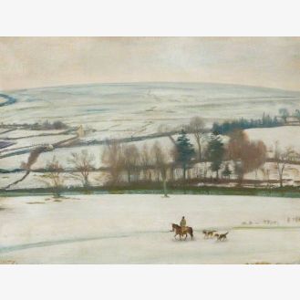 Winter at Withypool, Exmoor: A Winter Landscape, a Rider and Two Hounds in the Foreground