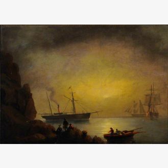 Steamship with Sail and Two Sailing Ships, with Figures